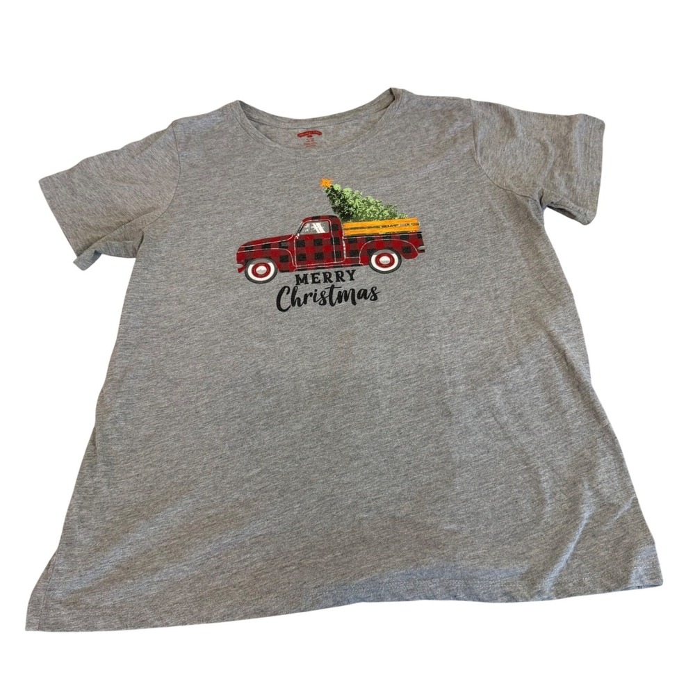 Holiday Time Womens XL Heather Gray Merry Christmas Plaid Truck Graphic T-Shirt